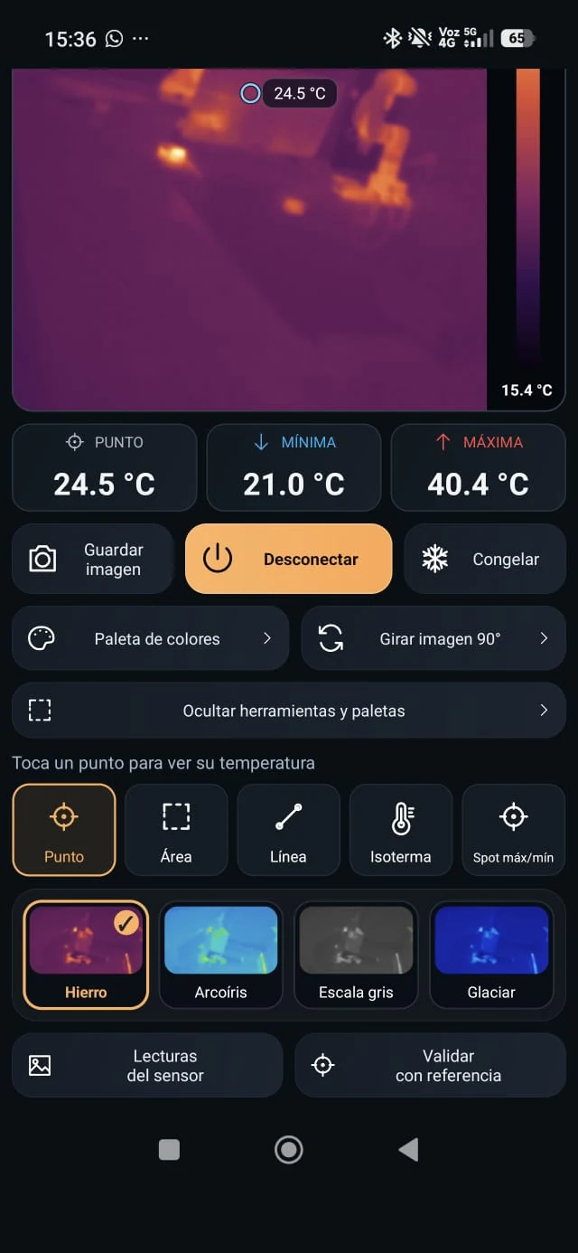 Herramientas de punto, área, línea e isoterma y selector de paletas de la app ZP2 Térmica